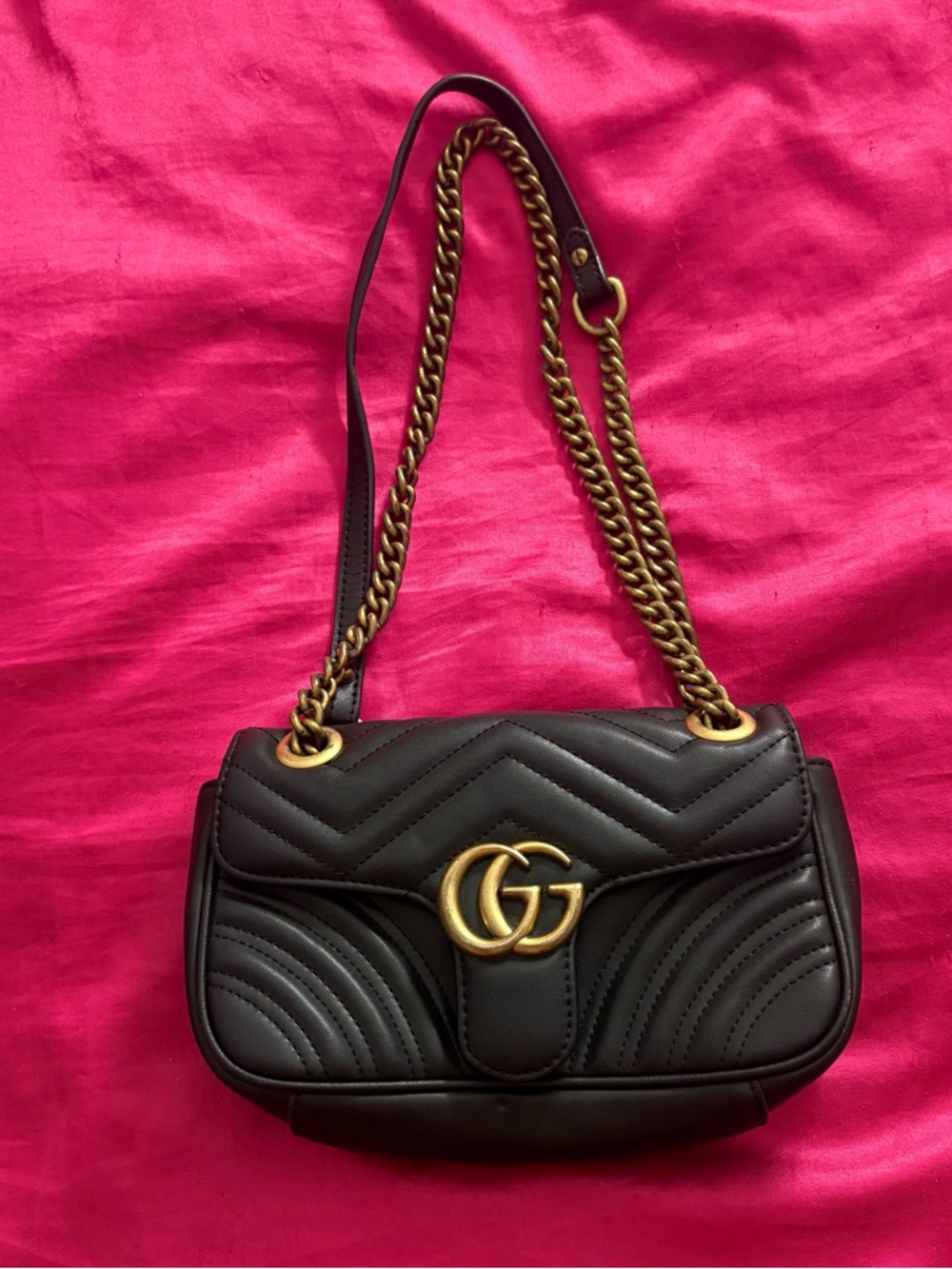 Gucci Marmont Small Black Leather Shoulder Bag Gold Chain